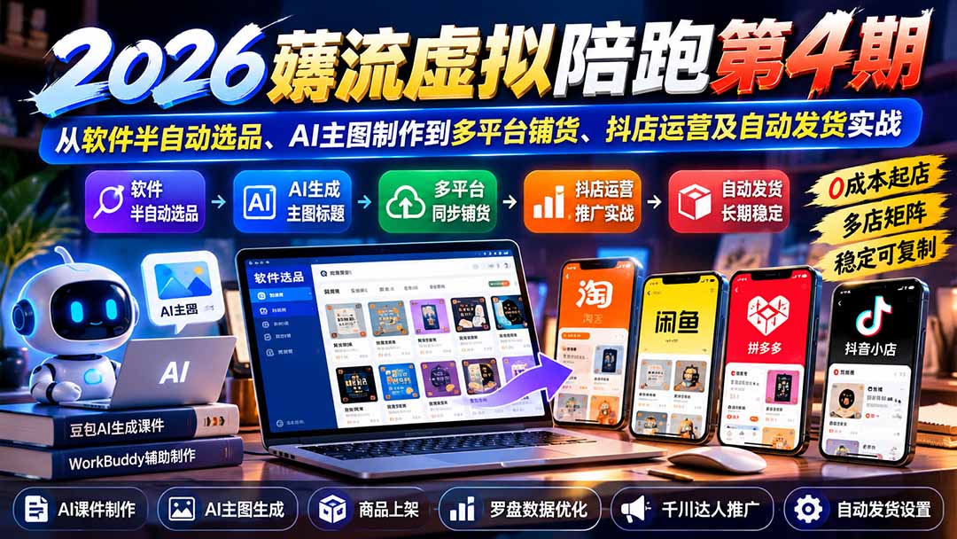 (20986期)2026薅流虚拟陪跑第4期:从软件半自动选品、AI主图制作到多平台铺货、抖店运营及自动发货实战-网赚副业网