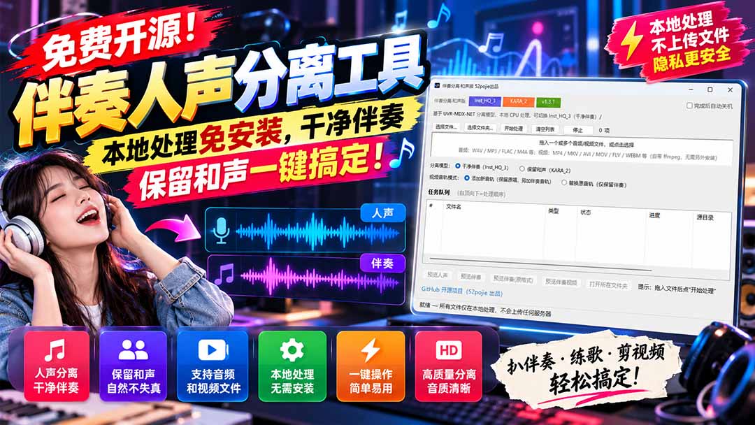 (21198期)免费开源!伴奏人声分离工具,本地处理免安装,干净伴奏,保留和声一键搞定!-网赚副业网
