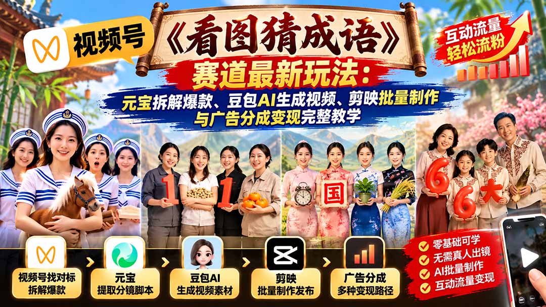 (21060期)视频号《看图猜成语》赛道最新玩法:元宝拆解爆款、豆包AI生成视频、剪映批量制作与广告分成变现完整教学-网赚副业网