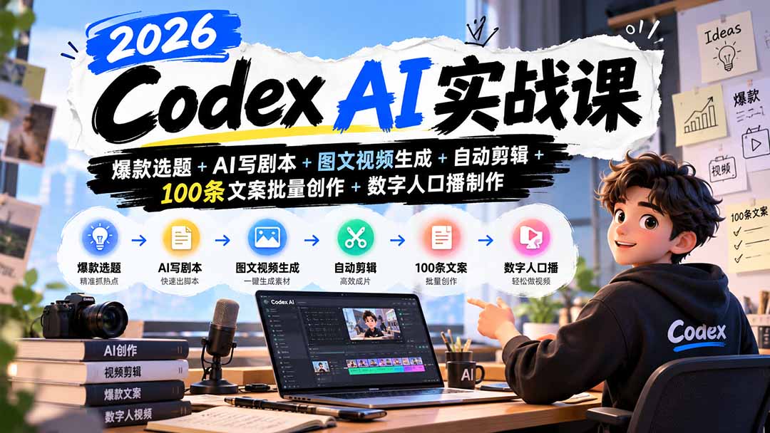(20899期)2026Codex AI实战课:爆款选题+AI写剧本+图文视频生成+自动剪辑+100条文案批量创作+数字人口播制作插图1 (20899期)2026Codex AI实战课:爆款选题+AI写剧本+图文视频生成+自动剪辑+100条文案批量创作+数字人口播制作插图1