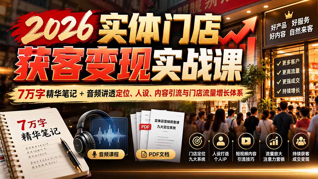(20832期)2026实体门店获客变现实战课:7万字精华笔记+音频讲透定位、人设、内容引流与门店流量增长体系-网赚副业网