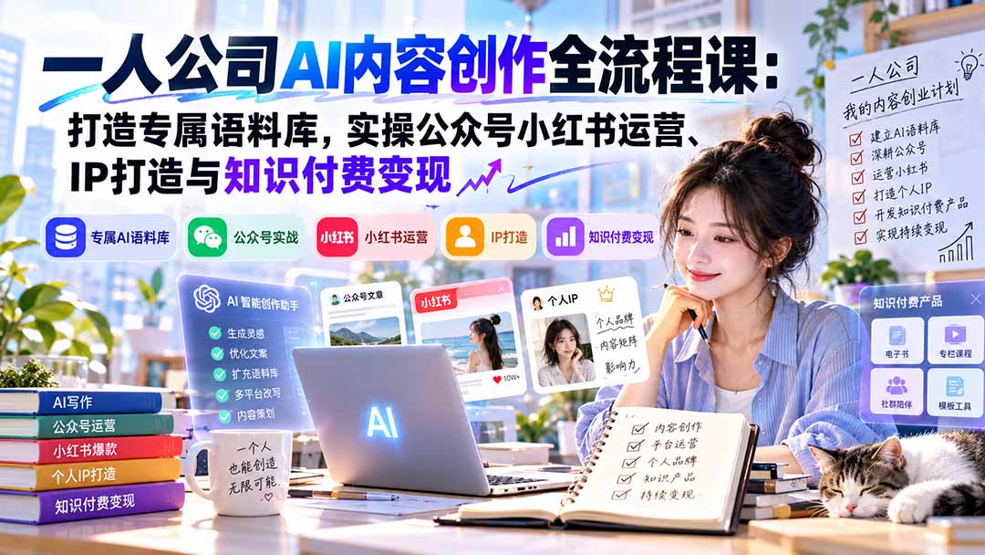 (20866期)一人公司AI内容创作全流程课:打造专属语料库,实操公众号小红书运营、IP打造与知识付费变现方法论插图1 (20866期)一人公司AI内容创作全流程课:打造专属语料库,实操公众号小红书运营、IP打造与知识付费变现方法论插图1