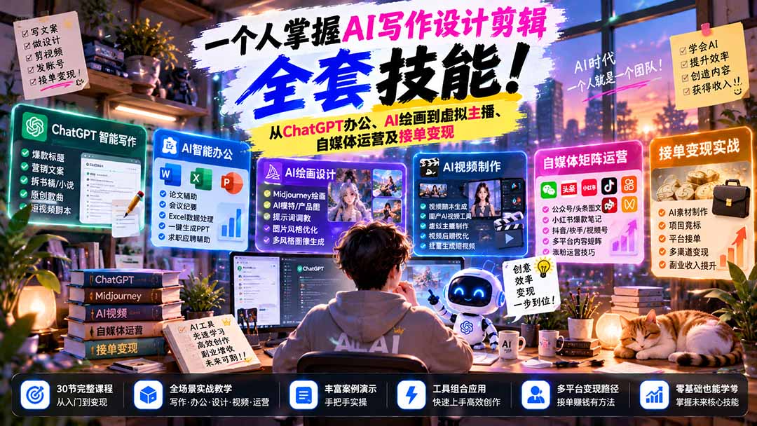 (21029期)一个人掌握AI写作设计剪辑全套技能:从ChatGPT办公、AI绘画到虚拟主播、自媒体运营及接单变现-网赚副业网