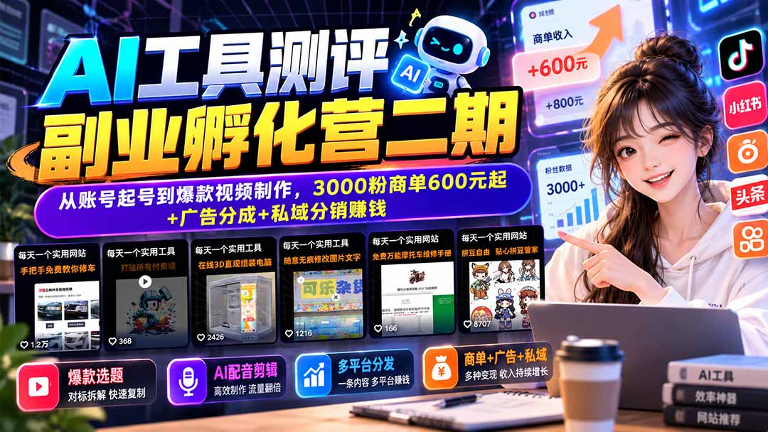 (20799期)AI工具测评副业孵化营二期:从账号起号到爆款视频制作,3000粉商单600元起+广告分成+私域分销赚钱-网赚副业网