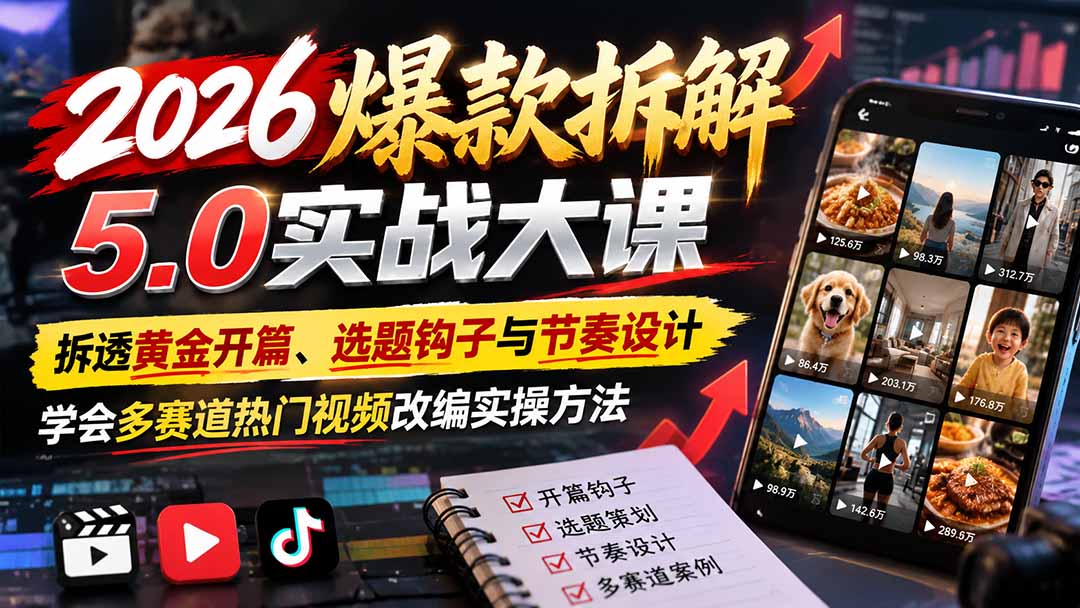 (21110期)2026爆款拆解5.0实战大课:拆透黄金开篇、选题钩子与节奏设计,学会多赛道热门视频改编实操方法-网赚副业网