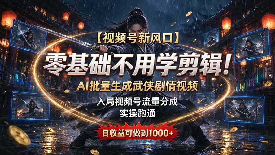 (20780期)【视频号新风口】零基础不用学剪辑!AI 批量生成武侠剧情视频,入局视频号流量分成,实操跑通,日收益可做到 1000+-网赚副业网