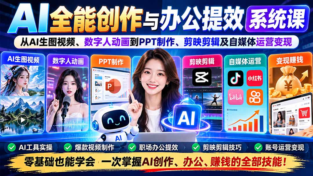 (20885期)AI全能创作与办公提效系统课:从AI生图视频、数字人动画到PPT制作、剪映剪辑及自媒体运营变现插图1 (20885期)AI全能创作与办公提效系统课:从AI生图视频、数字人动画到PPT制作、剪映剪辑及自媒体运营变现插图1