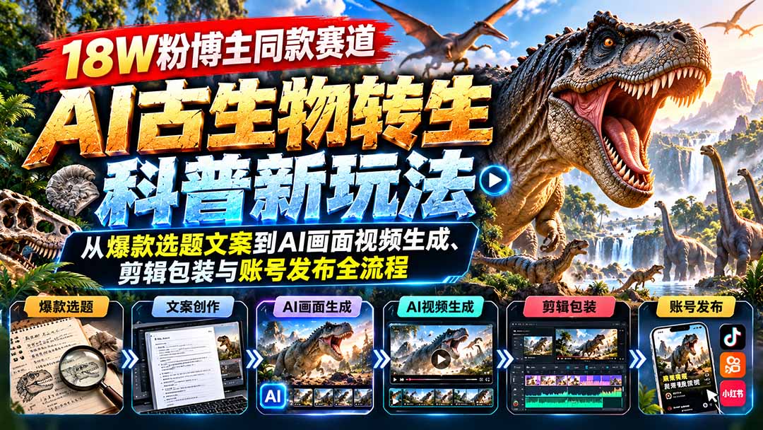 (20833期)18W粉博主同款赛道-AI古生物转生科普新玩法:从爆款选题文案到AI画面视频生成、剪辑包装与账号发布全流程-网赚副业网