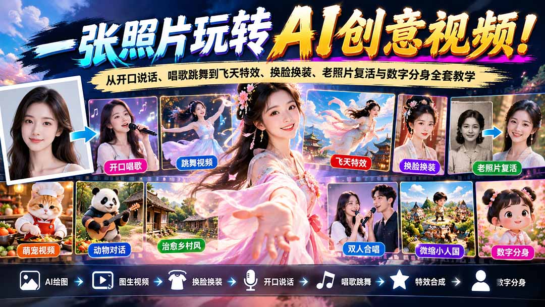 (21202期)一张照片玩转AI创意视频!从开口说话、唱歌跳舞到飞天特效、换脸换装、老照片复活与数字分身全套教学-网赚副业网