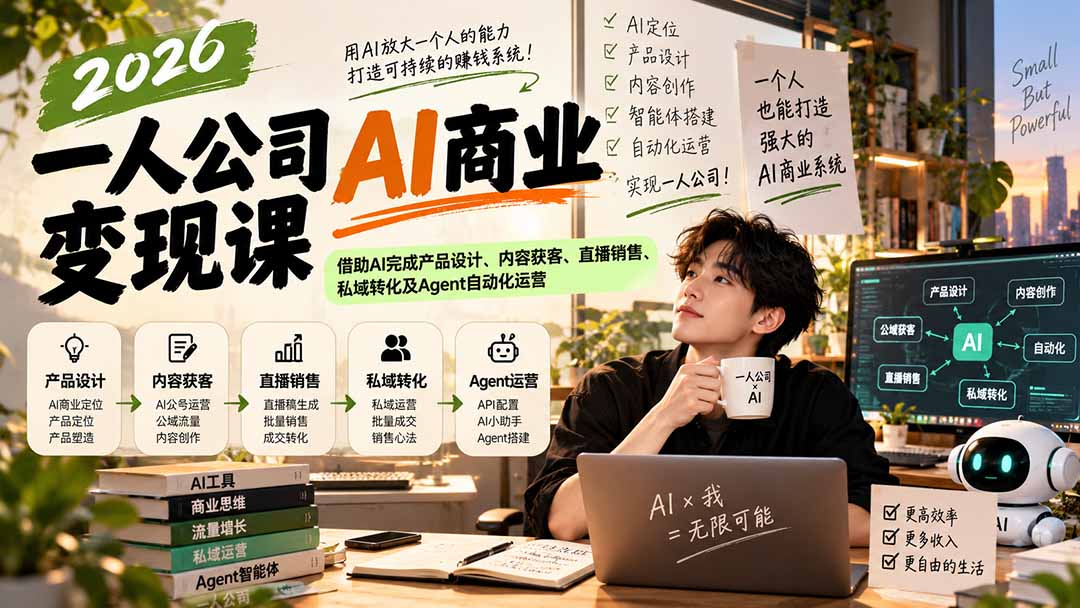 (20901期)2026一人公司AI商业变现课:借助AI完成产品设计、内容获客、直播销售、私域转化及Agent自动化运营-网赚副业网