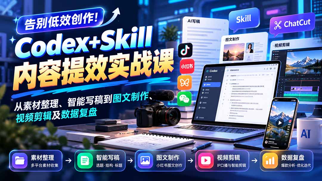 (20915期)【无水印】告别低效创作!Codex+Skill内容提效实战课:从素材整理、智能写稿到图文制作、视频剪辑及数据复盘-网赚副业网