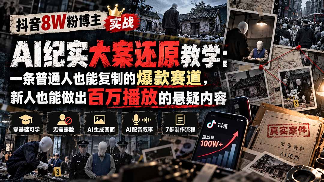 （20865期）抖音8W粉博主AI纪实大案还原教学：一条普通人也能复制的爆款赛道，新人也能做出百万播放的悬疑内容-网赚副业网
