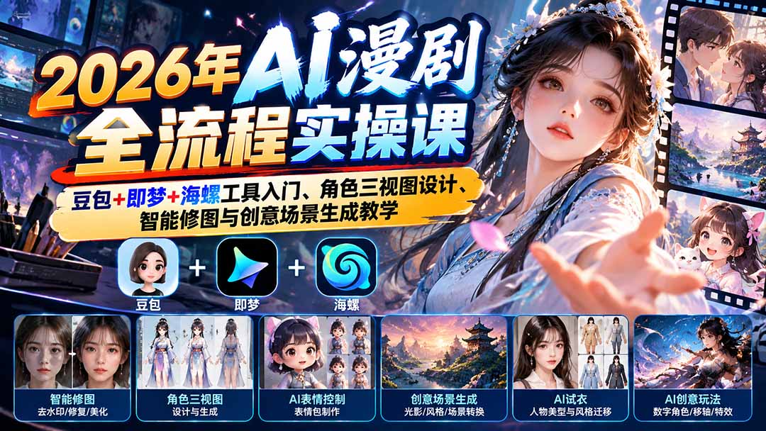 (21077期)2026年AI漫剧全流程实操课:豆包+即梦+海螺工具入门、角色三视图设计、智能修图与创意场景生成教学-网赚副业网