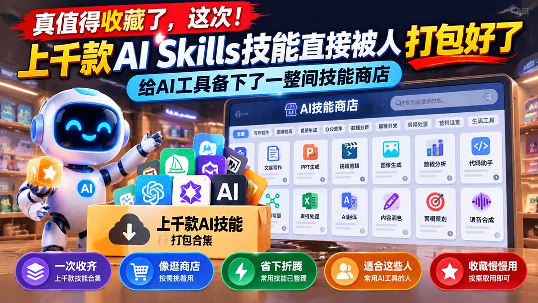 (21096期)真值得收藏了,这次!上千款AI Skills技能直接被人打包好了,给AI工具备下了一整间技能商店-网赚副业网