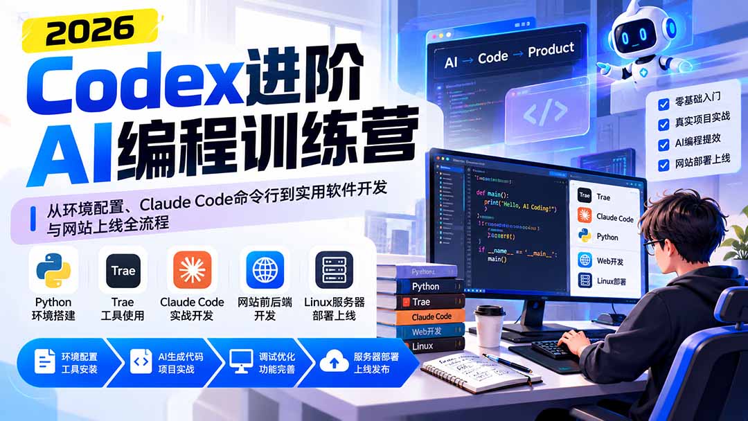 (20855期)Codex进阶AI编程训练营:从环境配置、Claude Code命令行到实用软件开发与网站上线全流程插图1 (20855期)Codex进阶AI编程训练营:从环境配置、Claude Code命令行到实用软件开发与网站上线全流程插图1