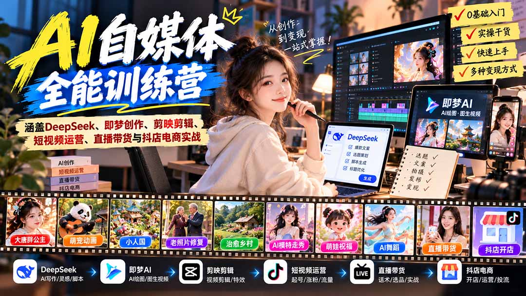 (21201期)【无水印】AI+自媒体全能训练营:涵盖DeepSeek、即梦创作、剪映剪辑、短视频运营、直播带货与抖店电商实战-网赚副业网