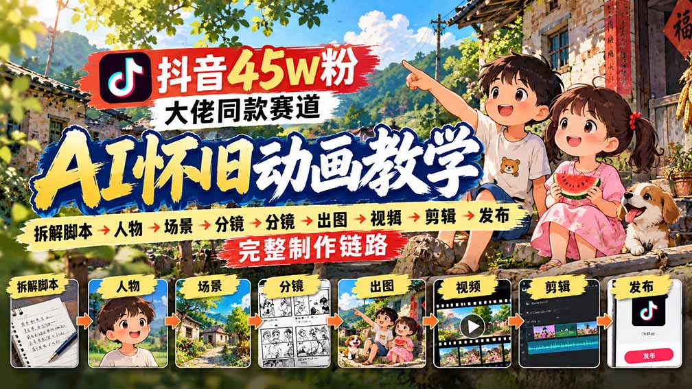 (20781期)抖音45W粉大佬同款赛道AI怀旧动画教学:拆解脚本→人物→场景→分镜→出图→视频→剪辑→发布完整制作链路-网赚副业网