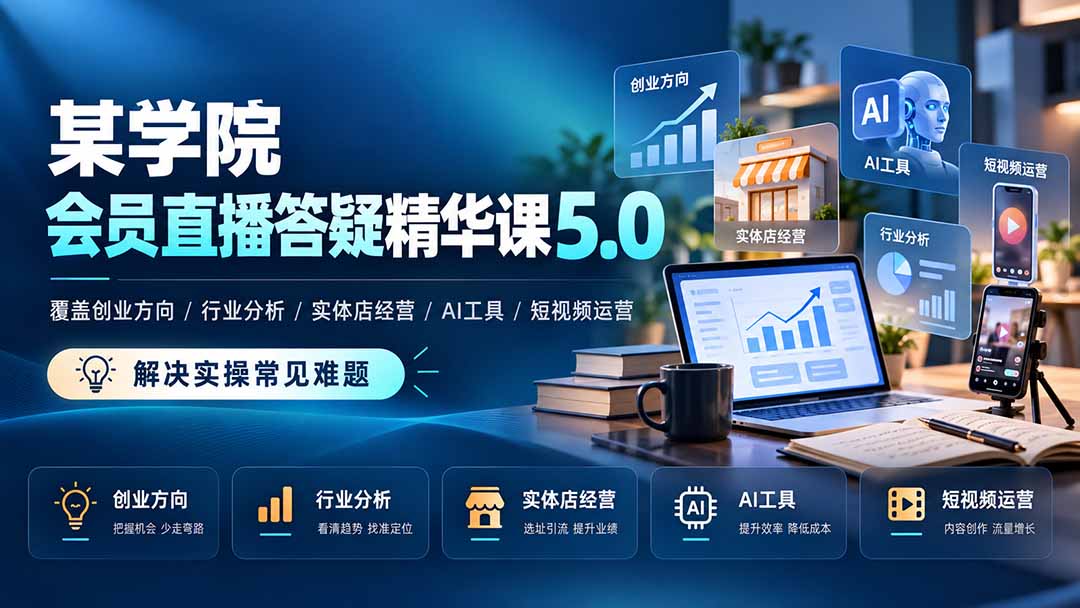 (21097期)某学院会员直播答疑精华课5.0:覆盖创业方向、行业分析、实体店经营、AI工具和短视频运营,解决实操常见难题!-网赚副业网