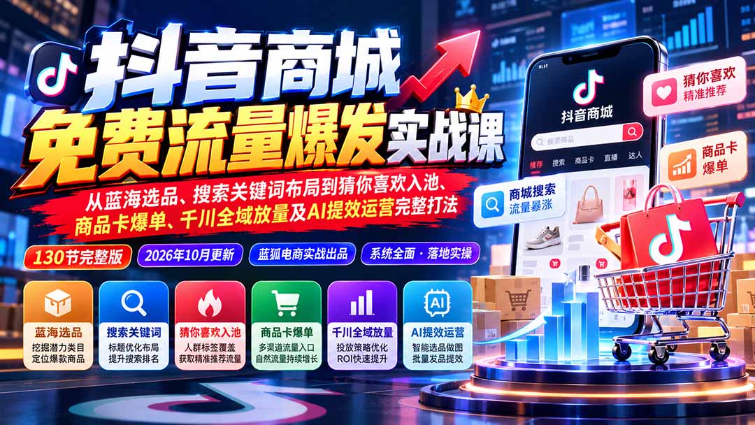 （20959期）抖音商城免费流量爆发实战：从蓝海选品、搜索关键词布局到猜你喜欢入池、商品卡爆单、千川全域放量及AI提效完整打法-网赚副业网
