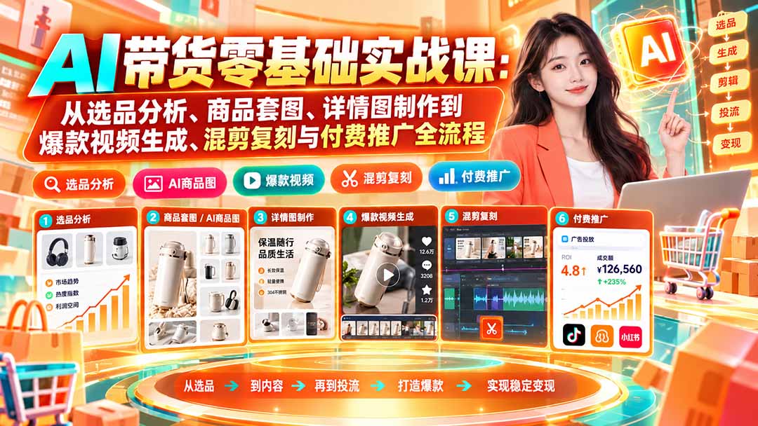 (20856期)AI带货零基础实战课:从选品分析、商品套图、详情图制作到爆款视频生成、混剪复刻与付费推广全流程-网赚副业网