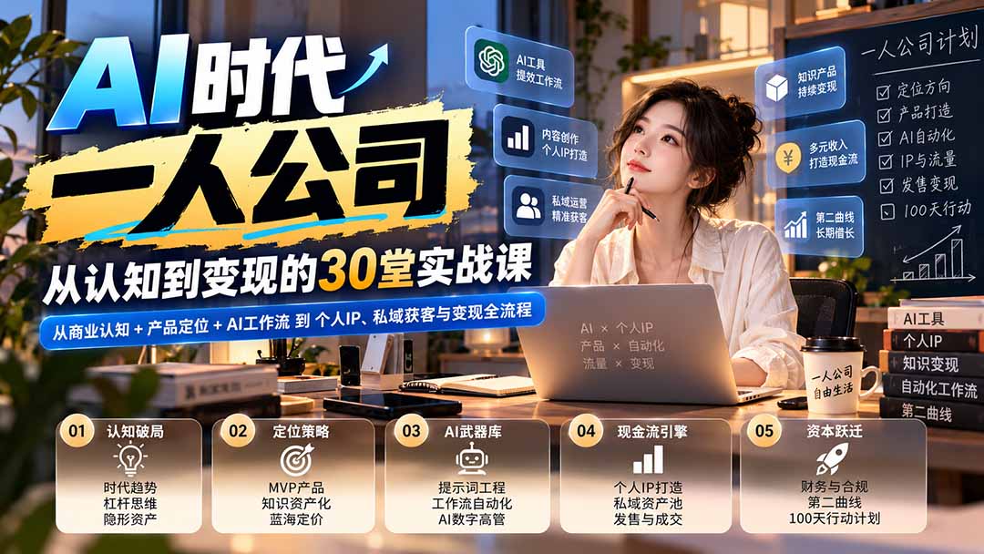 (20847期)【无水印】AI时代一人公司30堂实战课:从商业认知+产品定位+AI工作流到个人IP、私域获客与变现全流程插图1 (20847期)【无水印】AI时代一人公司30堂实战课:从商业认知+产品定位+AI工作流到个人IP、私域获客与变现全流程插图1