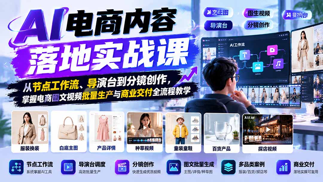 (21136期)AI电商内容落地实战课:从节点工作流、导演台到分镜创作,掌握电商图文视频批量生产与商业交付全流程教学-网赚副业网