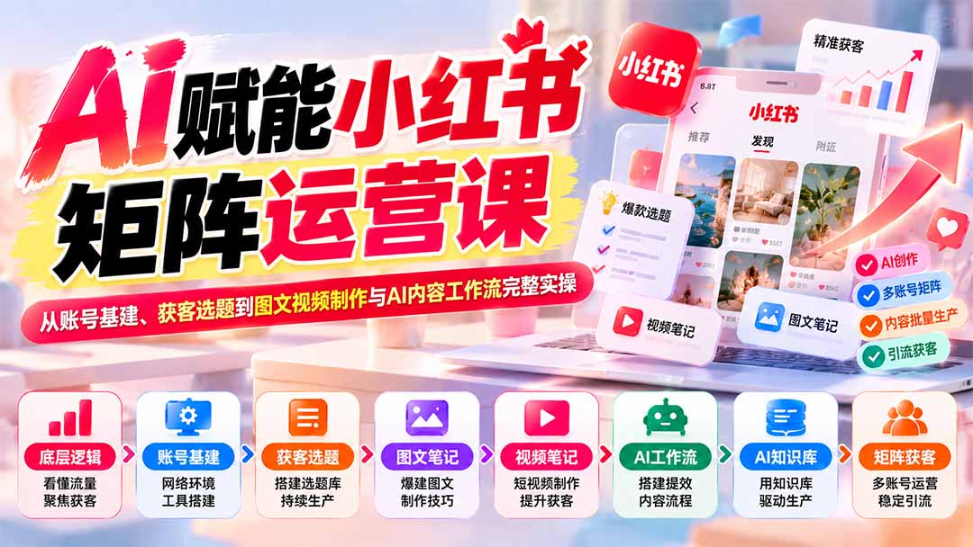 (20822期)AI赋能小红书矩阵运营课:从账号基建、获客选题到图文视频制作与AI内容工作流完整实操-网赚副业网