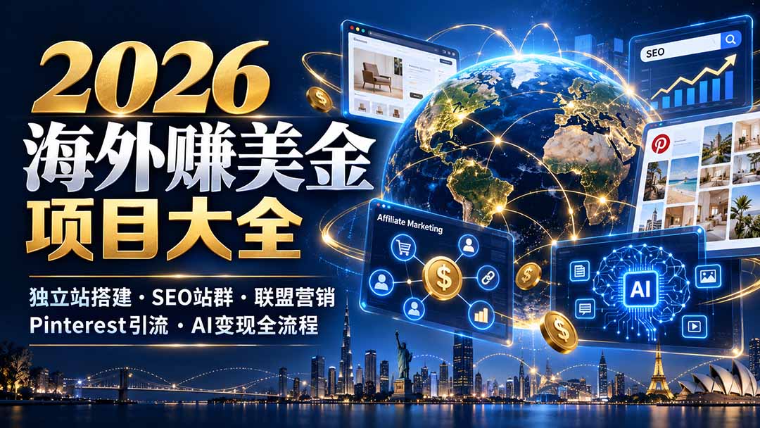 (21200期)2026海外赚美金项目大全:独立站搭建、SEO站群、联盟营销、Pinterest引流与AI变现全流程-网赚副业网