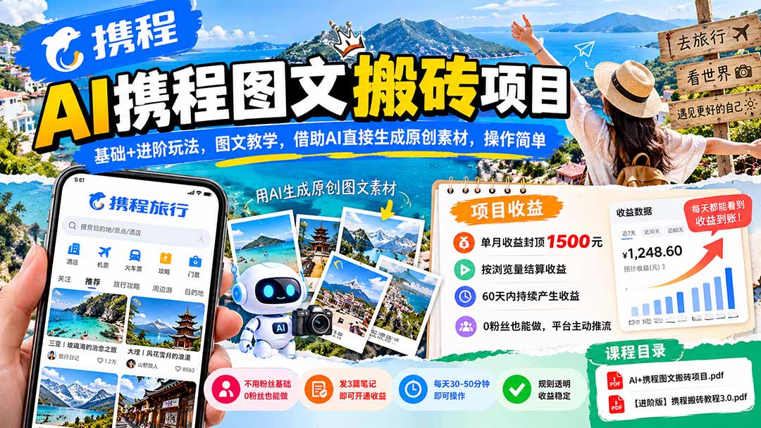 （21180期）AI携程图文搬砖项目，基础+进阶玩法，图文教学，借助AI直接生成原创素材，操作简单-网赚副业网