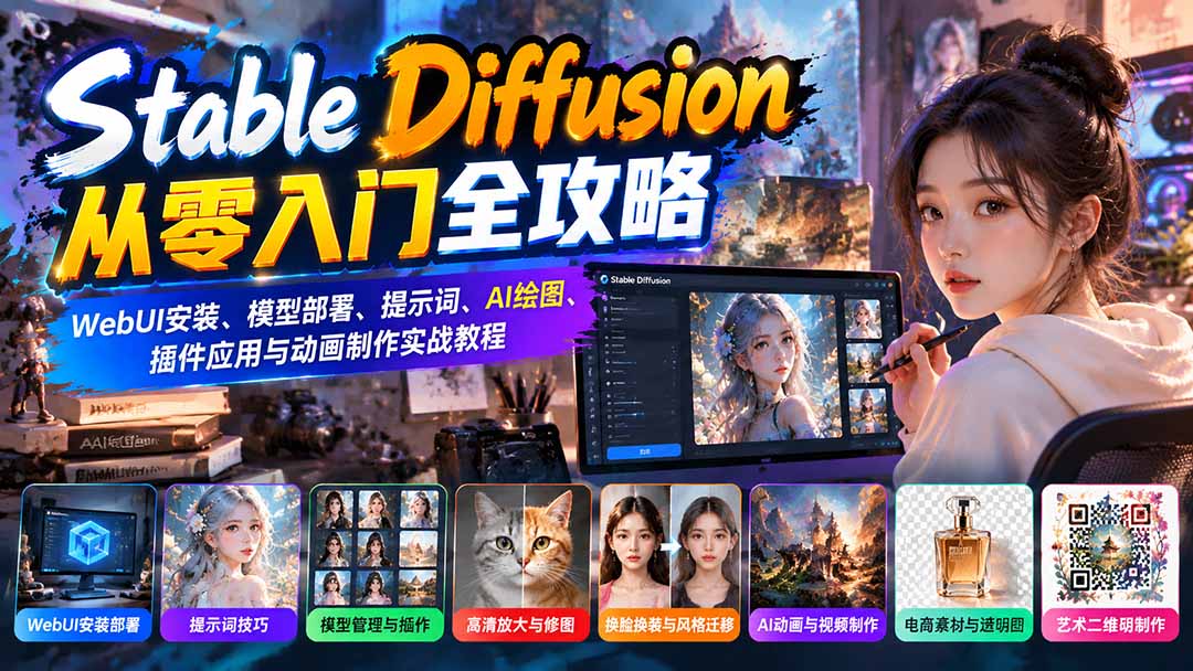 (21062期)Stable Diffusion从零入门全攻略:WebUI安装、模型部署、提示词、AI绘图、插件应用与动画制作实战教程-网赚副业网