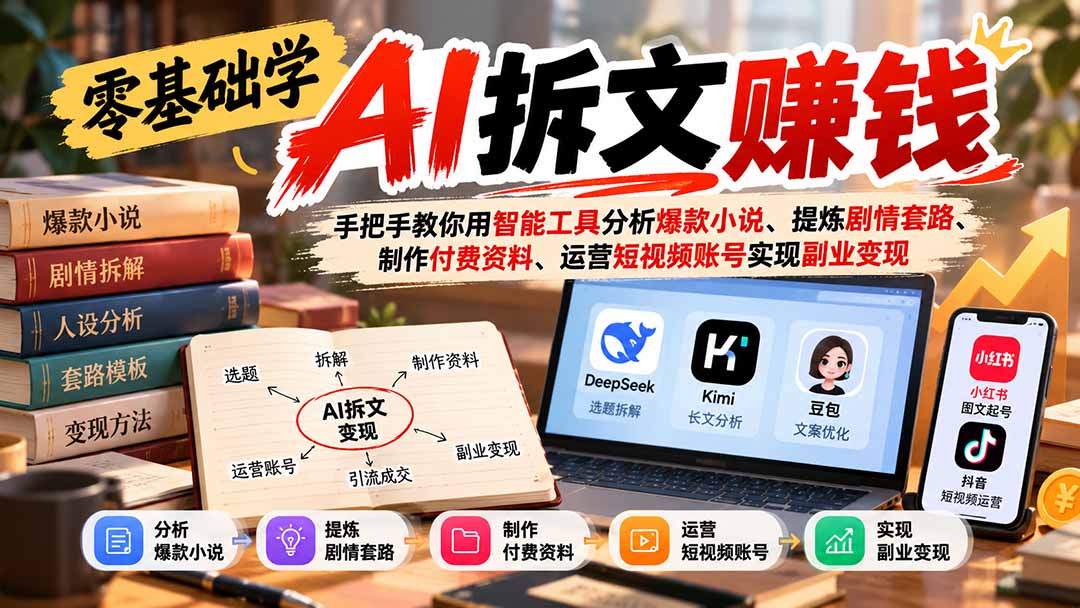 (21030期)零基础学AI拆文赚钱:手把手教你用智能工具分析爆款小说、提炼剧情套路、制作付费资料、运营短视频账号实现副业变现-网赚副业网