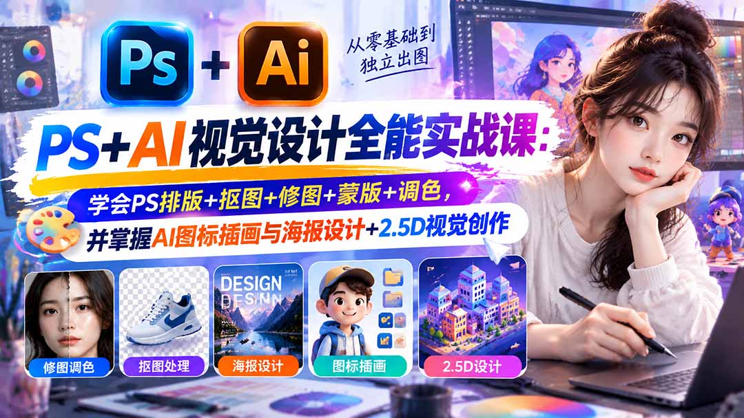 （20749期）【无水印】PS+AI视觉设计全能实战课：学会PS排版+抠图+修图+蒙版+调色，并掌握AI图标插画与海报设计+2.5D视觉创作-网赚副业网