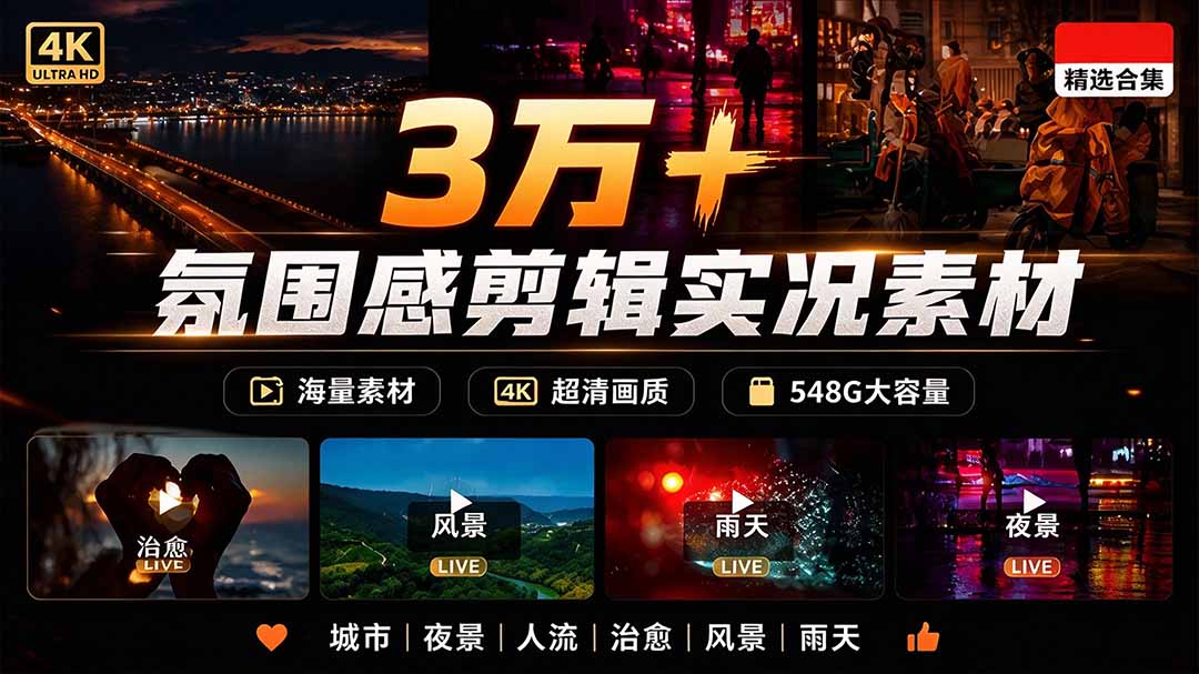 (21009期)氛围感3万+海量高清剪辑实况素材,含雨天、雪天、夜景、街道等经典场景,伤感唯美励志短视频无水印素材-网赚副业网