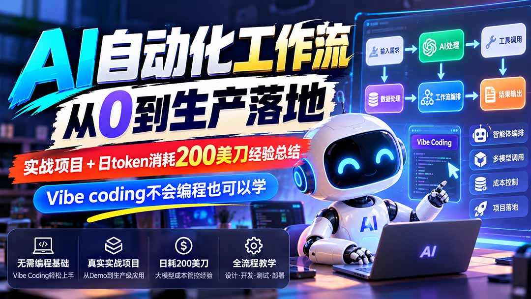 (20954期)【无水印】AI自动化工作流从0到生产落地,实战项目+日token消耗200美刀经验总结,Vibe coding不会编程也可以学-网赚副业网
