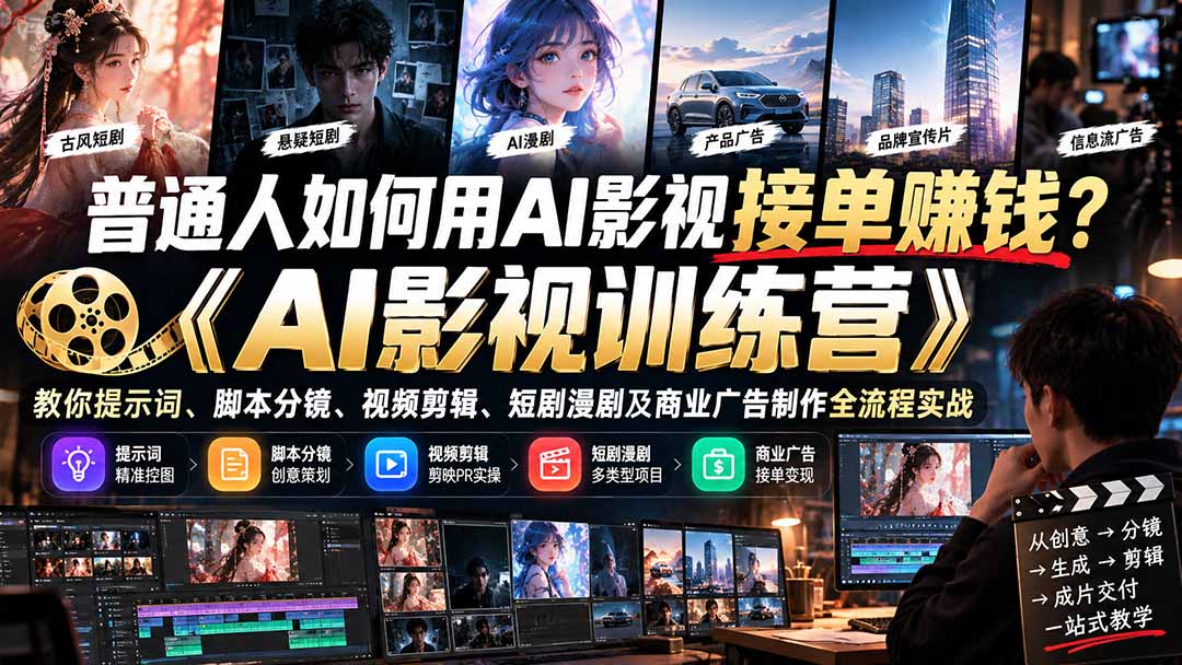 (21230期)普通人如何用AI影视接单赚钱?《AI影视训练营》教你提示词、脚本分镜、视频剪辑、短剧漫剧及商业广告制作全流程实战-网赚副业网