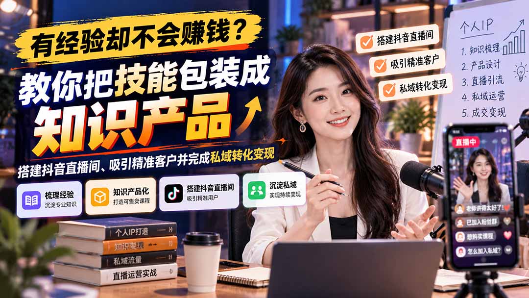 （21268期）有经验却不会赚钱？教你把技能包装成知识产品，搭建抖音直播间、吸引精准客户并完成私域转化变现-网赚副业网