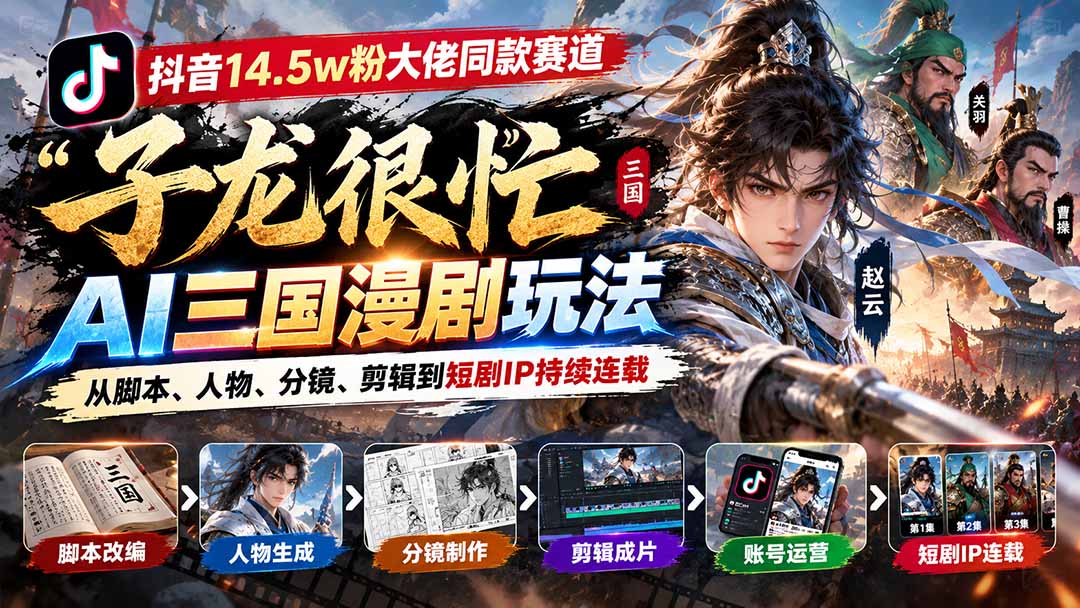 (20818期)抖音14.5w粉大佬同款赛道「子龙很忙」AI三国漫剧玩法:从脚本、人物、分镜、剪辑到短剧IP持续连载-网赚副业网