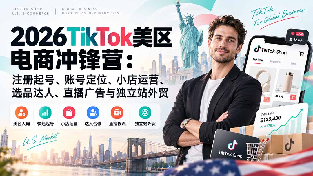 (20858期)2026TikTok美区电商冲锋营:注册起号、账号定位、小店运营、选品达人、直播广告与独立站外贸插图1 (20858期)2026TikTok美区电商冲锋营:注册起号、账号定位、小店运营、选品达人、直播广告与独立站外贸插图1