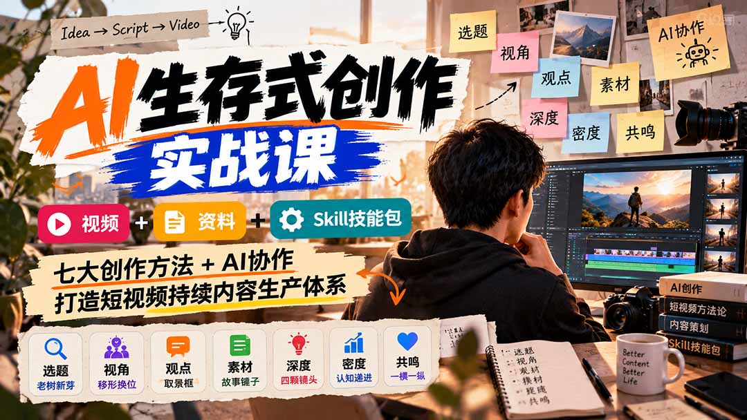 (21081期)AI生存式创作实战课:视频+资料+Skill技能包,七大创作方法+AI协作,打造短视频持续内容生产体系-网赚副业网