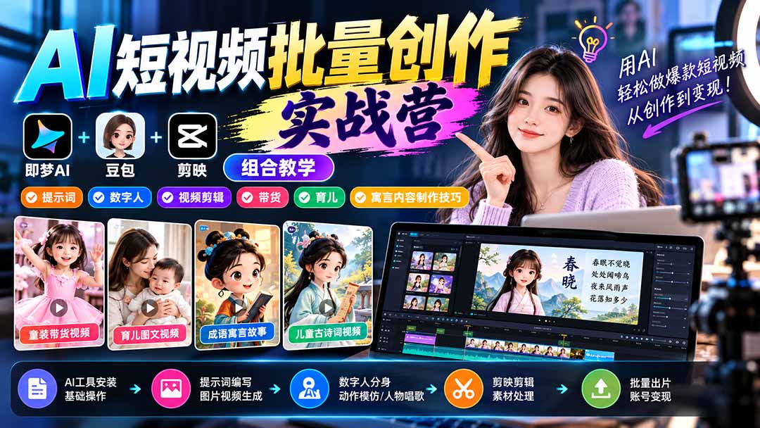 (21039期)【无水印】AI短视频批量创作实战营:即梦+豆包+剪映组合教学,提示词/数字人/视频剪辑/带货/育儿/寓言内容制作技巧-网赚副业网