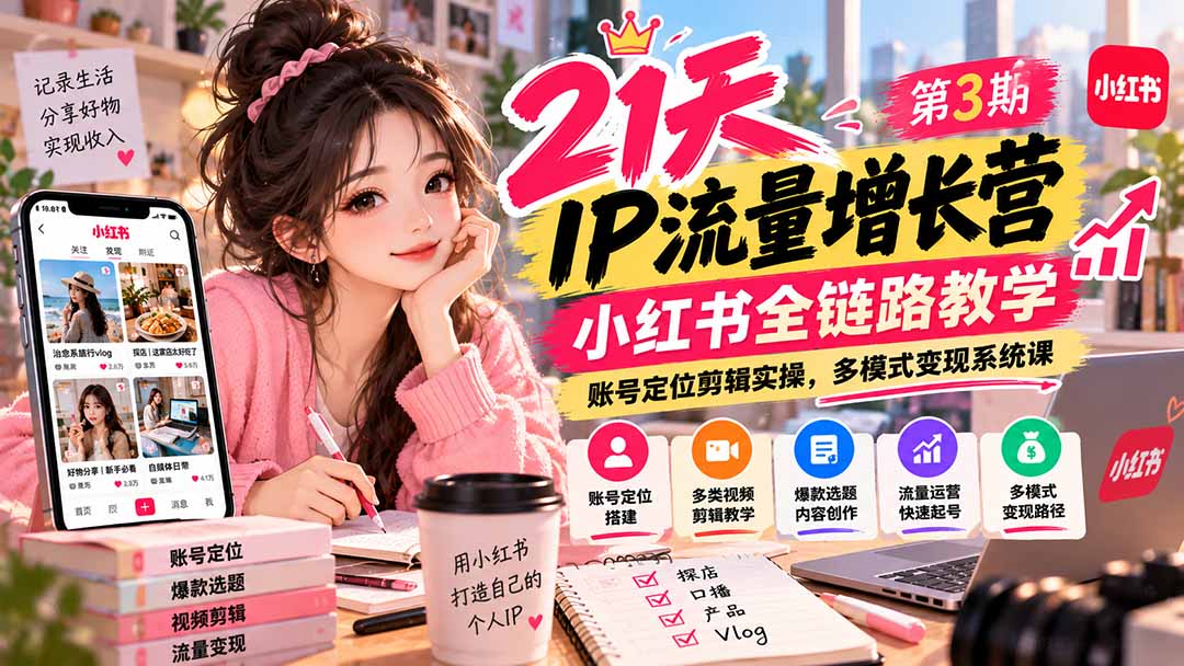 (20992期)【无水印】21天IP流量增长营-第3期,小红书全链路教学,账号定位剪辑实操,多模式变现系统课-网赚副业网