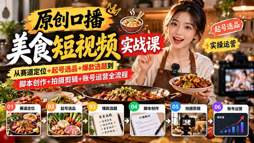 (20786期)原创口播美食短视频实战课:从赛道定位+起号选品+爆款选题到脚本创作+拍摄剪辑+账号运营全流程插图1 (20786期)原创口播美食短视频实战课:从赛道定位+起号选品+爆款选题到脚本创作+拍摄剪辑+账号运营全流程插图1
