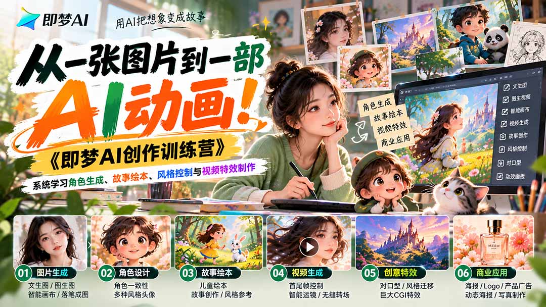 (21160期)【无水印】从一张图片到一部AI动画!《即梦AI创作训练营》系统学习角色生成、故事绘本、风格控制与视频特效制作-网赚副业网
