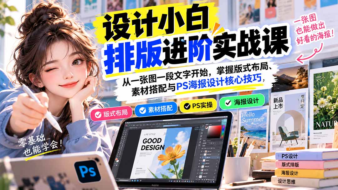 (20838期)设计小白排版进阶实战课:从一张图一段文字开始,掌握版式布局、素材搭配与PS海报设计核心技巧插图1 (20838期)设计小白排版进阶实战课:从一张图一段文字开始,掌握版式布局、素材搭配与PS海报设计核心技巧插图1