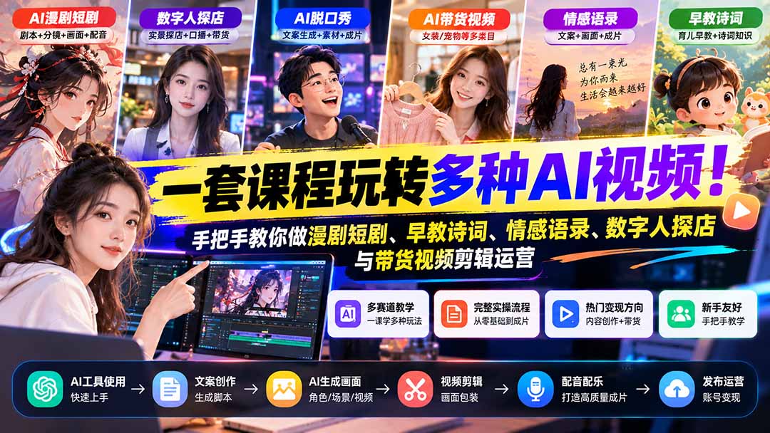（21271期）【无水印】一套课程玩转多种AI视频！手把手教你做漫剧短剧、早教诗词、情感语录、数字人探店与带货视频剪辑运营-网赚副业网