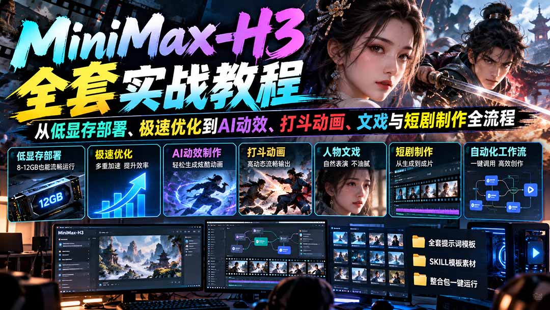 (21161期)MiniMax-H3全套实战教程:从低显存部署、极速优化到AI动效、打斗动画、文戏与短剧制作全流程-网赚副业网