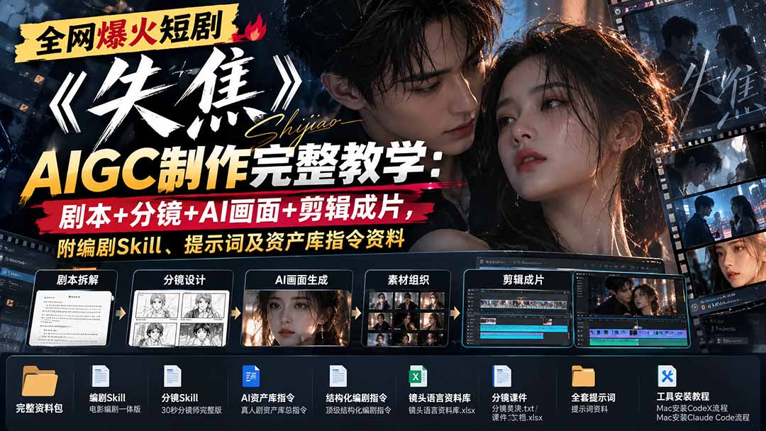 (20805期)全网爆火短剧《失焦》AIGC制作完整教学:剧本+分镜+AI画面+剪辑成片,附编剧Skill、提示词及资产库指令资料-网赚副业网