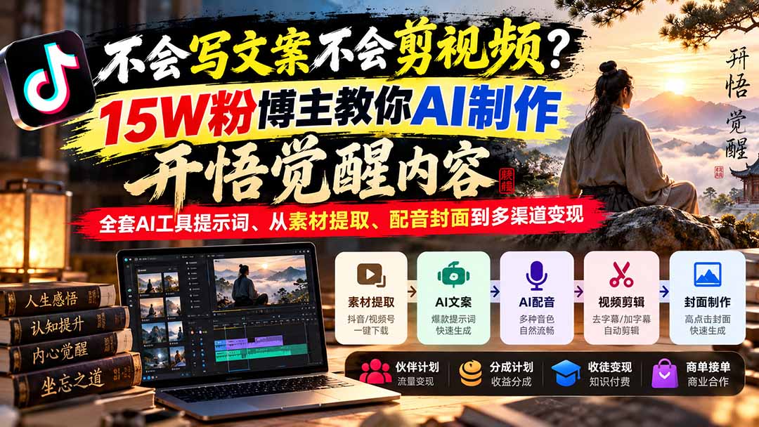 （21085期）不会写文案不会剪视频？15W粉博主教你AI制作开悟觉醒内容，全套AI工具提示词、从素材提取、配音封面到多渠道变现-网赚副业网