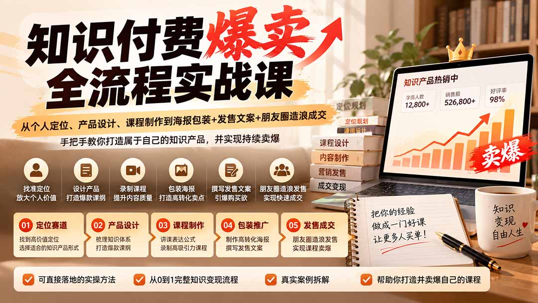 (20787期)【无水印】知识付费爆卖全流程实战课:从个人定位、产品设计、课程制作到海报包装+发售文案+朋友圈造浪成交插图1 (20787期)【无水印】知识付费爆卖全流程实战课:从个人定位、产品设计、课程制作到海报包装+发售文案+朋友圈造浪成交插图1