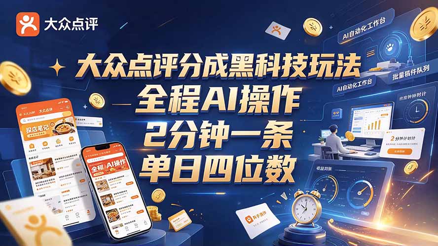 (21013期)大众点评分成全网独家玩法,AI 全自动出内容,2 分钟一条,小白可冲单日四位数-网赚副业网